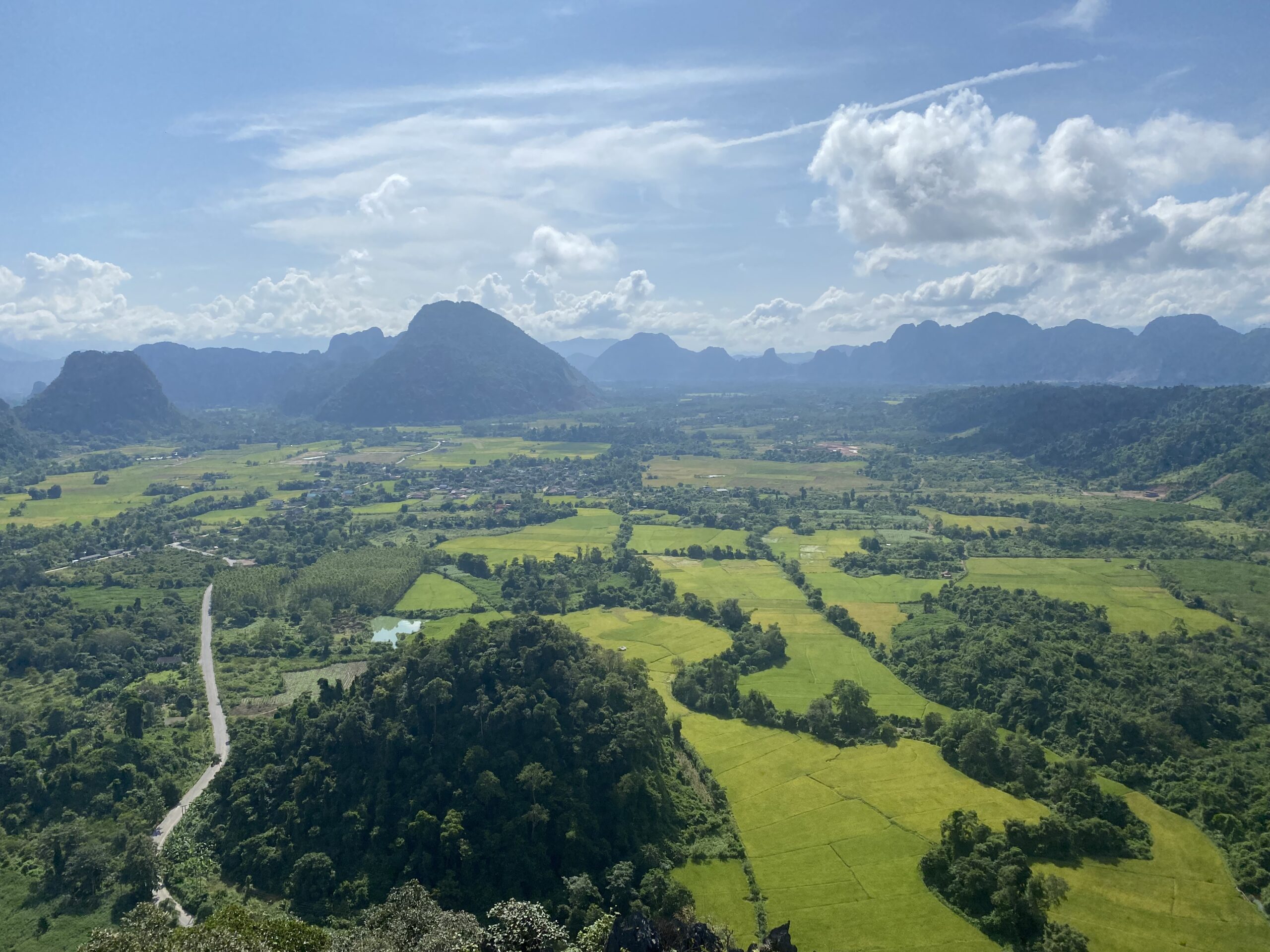 Rice field and limestone mountain landscape in Vang Vieng, Laos