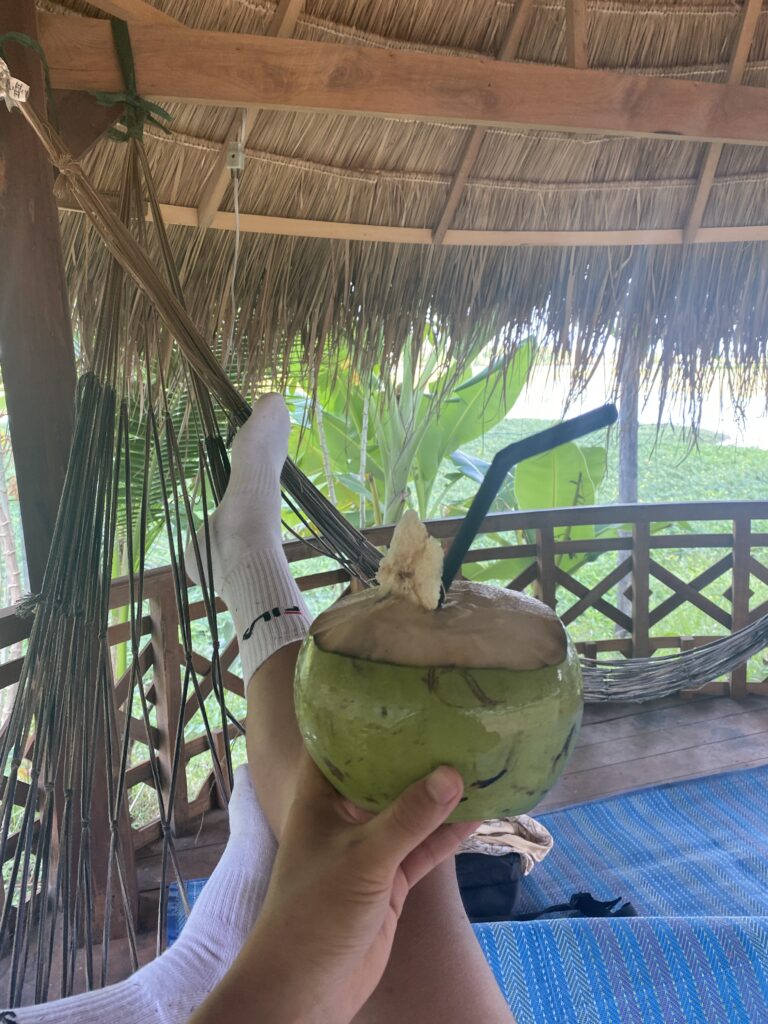 Drinking a fresh coconut in Cambodia