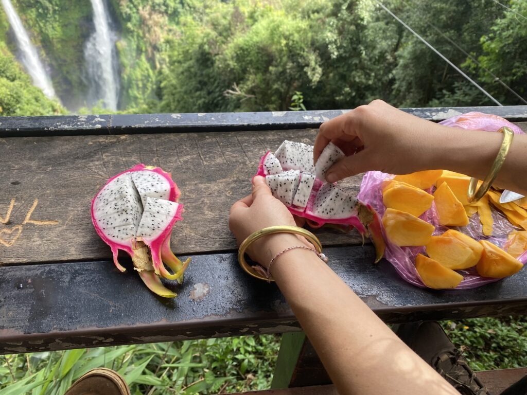 Cutting up some fresh fruit next to Tad Fane Waterfall
